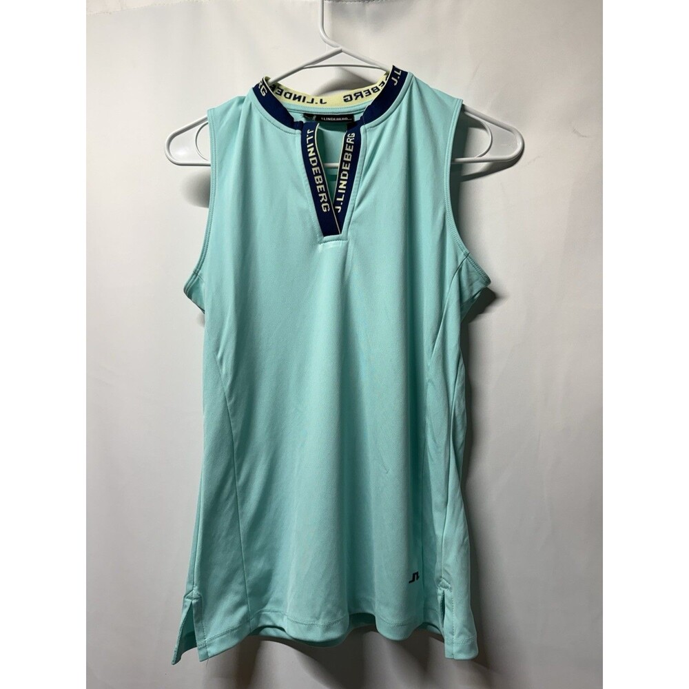 J.Lindeberg Leya Sleeveless Golf Top Aqua Mint Blue Jacquard V Neck Tank
